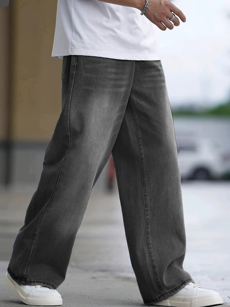 Men's Grey Loose Wide Leg Denim Jeans -