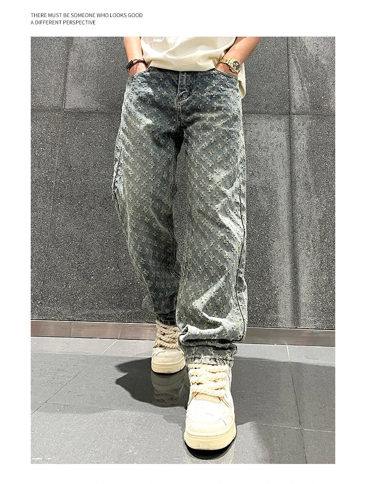 Jacquard Pattern Denim Pants Male Straight Fitting Baggy Bottoms Distressed Wide Jeans For Men