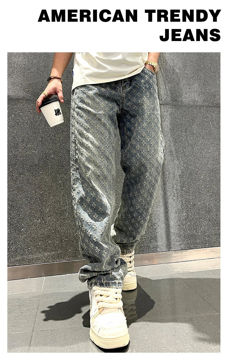 Jacquard Pattern Denim Pants Male Straight Fitting Baggy Bottoms Distressed Wide Jeans For Men