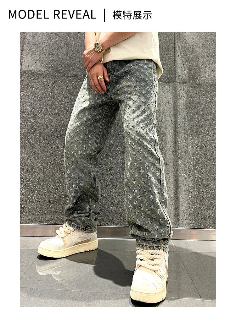 Jacquard Pattern Denim Pants Male Straight Fitting Baggy Bottoms Distressed Wide Jeans For Men