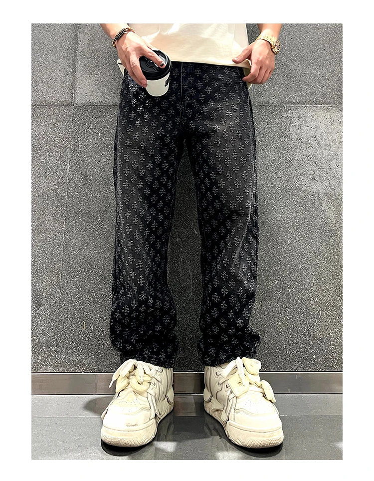 Jacquard Pattern Denim Pants Male Straight Fitting Baggy Bottoms Distressed Wide Jeans For Men